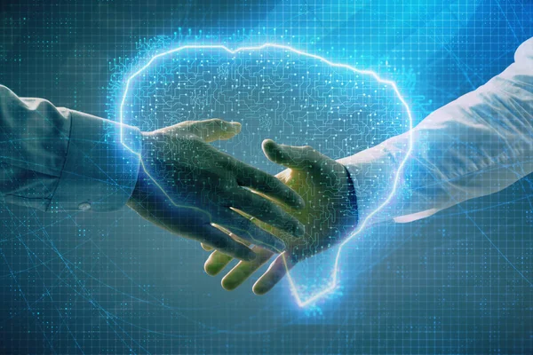Multi ekspozycji ludzkiego mózgu rysunek na abstrakcyjne tło z dwóch mężczyzn Handshake. Koncepcja technologii danych w biznesie — Zdjęcie stockowe