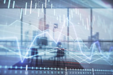 Minimalist kabine iç arka plan ile iş teması grafik hologram. Çift pozlama. Hisse senedi piyasası konsepti.