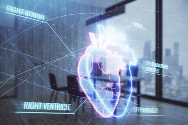 Minimalist dolap iç arka plan ile Kalp hologramı. Çifte pozlama. Tıp eğitimi kavramı.