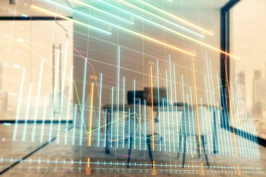 Minimalist kabine iç arka plan ile Forex grafik hologram. Çift pozlama. Hisse senedi piyasası konsepti.