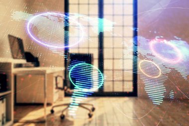 Dünya haritası hologramı ve minimalist kabine iç planı. Çifte maruziyet. Uluslararası iş kavramı.