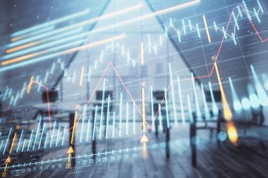 Konferans odası arka planda Forex çizelgesine çift pozlama. Hisse senedi piyasası analizi konsepti