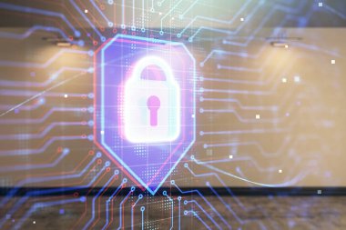 Boş odanın arka planında iki kat kilit hologramı var. Veri güvenliği kavramı.