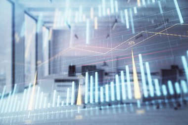 Arka planda ticaret masası banka Ofisi İç ile stok ve tahvil piyasa grafiği. Çok pozlama. Finansal analiz konsepti