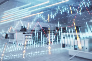 Ticaret masası banka ofisi iç arka planda stok piyasa şeması. Çift pozlama. Finansal analiz konsepti