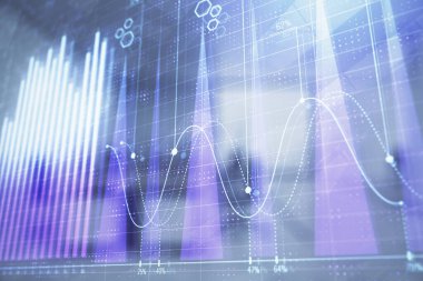 Ticaret masası banka ofisi iç arka planda stok piyasa şeması. Çift pozlama. Finansal analiz konsepti