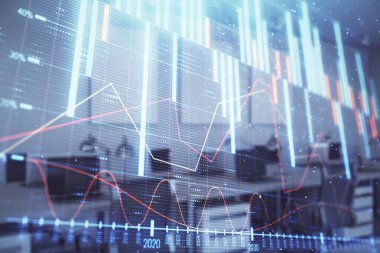 Ticaret masası banka ofisi iç arka planda stok piyasa şeması. Çift pozlama. Finansal analiz konsepti