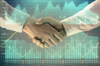 İki işadamı el sıkışması ile soyut arka planda Forex grafik Multi pozlama. Hisse senedi piyasasında başarı kavramı