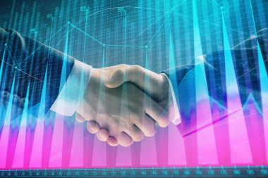 İki işadamı el sıkışması ile soyut arka planda Forex grafik Multi pozlama. Hisse senedi piyasasında başarı kavramı