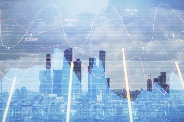 Şehir veiw arka planda mali grafik çift pozlama. Hisse senedi piyasası araştırma ve analiz kavramı