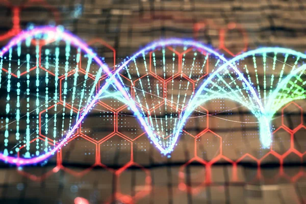 Holograma de ADN con antecedentes abstractos. Exposición múltiple. Concepto de ciencia —  Fotos de Stock