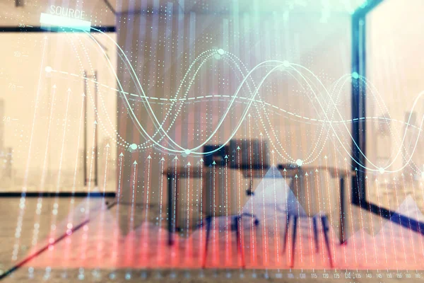 Minimalist kabine iç arka plan ile Forex grafik hologram. Çift pozlama. Hisse senedi piyasası konsepti.