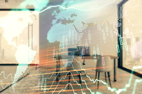 Harita ve minimalist kabine iç arka plan ile Forex grafik hologram. Çifte pozlama. Uluslararası iş kavramı.