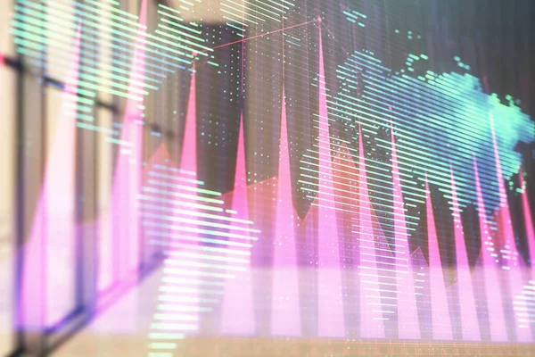 Boş oda iç arka plan üzerinde dünya haritası ile mali grafik çift pozlama. Uluslararası pazar konsepti.