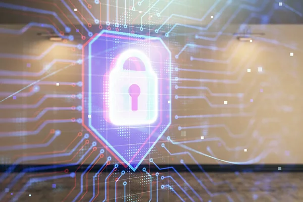 Boş odanın arka planında iki kat kilit hologramı var. Veri güvenliği kavramı.