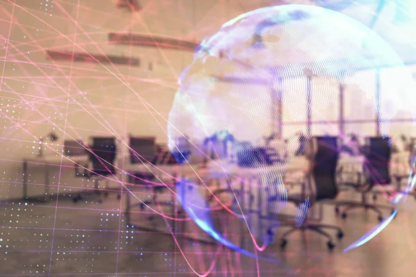 Arka planda ticaret masası banka ofisi iç dünya haritası. Çoklu pozlama. Uluslararası finans kavramı