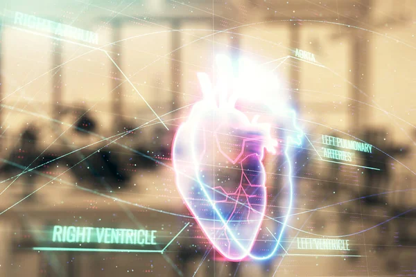 Arka planda ofis iç ile Kalp çizim. Çifte pozlama. Tıp eğitimi kavramı