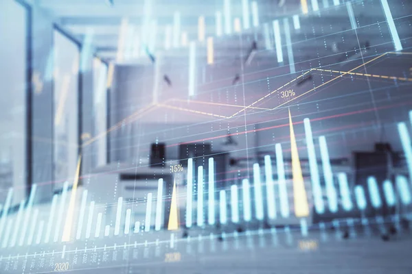 Arka planda ticaret masası banka Ofisi İç ile stok ve tahvil piyasa grafiği. Çok pozlama. Finansal analiz konsepti
