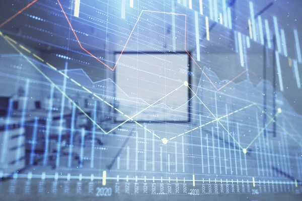Ticaret masası banka ofisi iç arka planda stok piyasa şeması. Çift pozlama. Finansal analiz konsepti