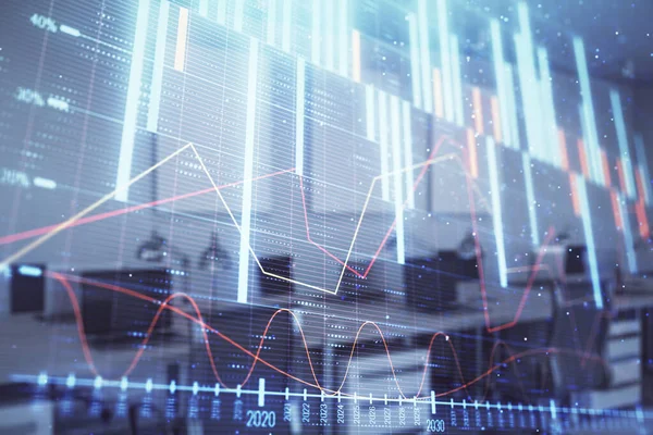 Ticaret masası banka ofisi iç arka planda stok piyasa şeması. Çift pozlama. Finansal analiz konsepti