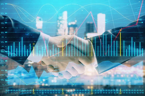 Double exposure of financial chart on cityscape background with two businessmen handshake. Concept of financial analysis and investment opportunities