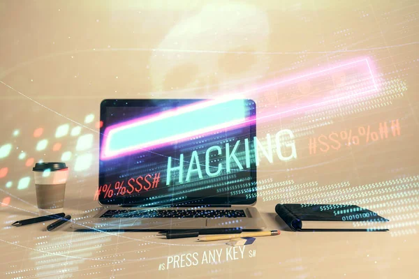 Hacking theme hologram with desktop office background. Double exposure. — Stock Photo, Image