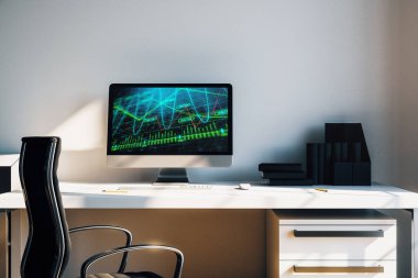 Bilgisayar ekranında finansal grafikler ve grafikler ile kabine masaüstü iç. Hisse senedi piyasası analizi ve ticaret kavramı. 3B işleme.