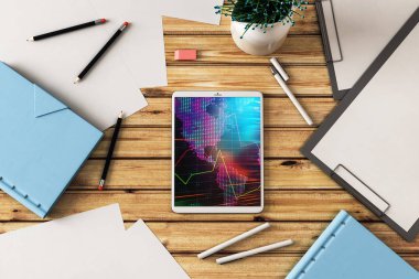 Dijital tablet çekim üst görünümü ile mali grafik ve kısmi Dünya Haritası ekranda. Online uluslararası ticaret uygulama kavramı. 3B işleme.