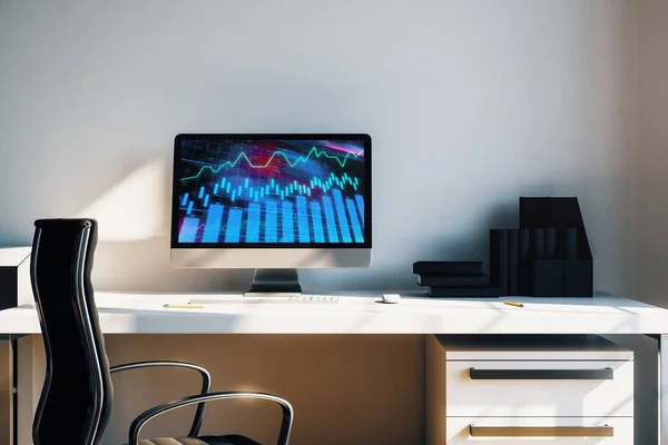 Interior de mesa do armário com gráficos financeiros e gráficos na tela do computador. Conceito de análise e negociação do mercado de ações. Renderização 3d . — Fotografia de Stock