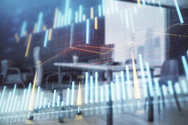 Minimalist kabine iç arka plan ile iş teması grafik hologram. Çift pozlama. Hisse senedi piyasası konsepti.