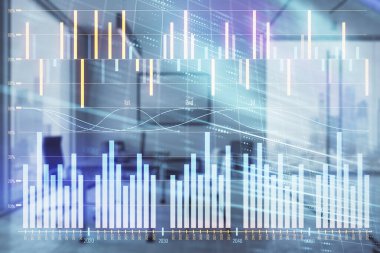 Minimalist kabine iç arka plan ile iş teması grafik hologram. Çift pozlama. Hisse senedi piyasası konsepti.