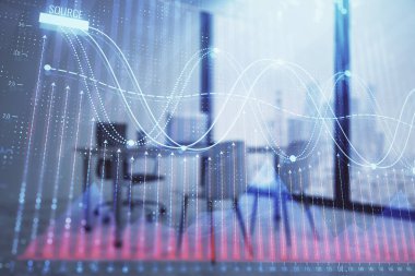 Minimalist kabine iç arka plan ile Forex grafik hologram. Çift pozlama. Hisse senedi piyasası konsepti.