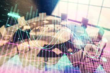 Konferans odası arka planda Forex çizelgesine çift pozlama. Hisse senedi piyasası analizi konsepti