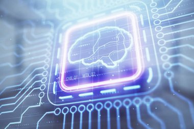 Konferans odasının arka planında beyin çizim hologramının çift ekimaruz ilerlisi. Veri analizi kavramı