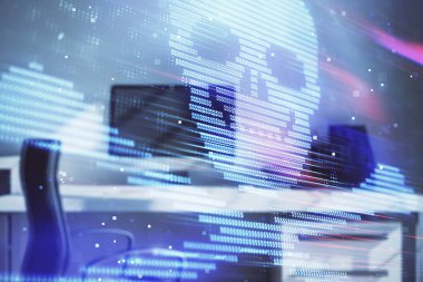 Masaüstü ofis arka plan ile Hacking Tema hologram. Çift Pozlama.