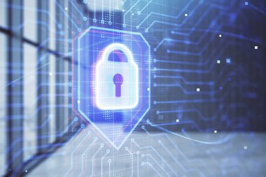 Boş odanın arka planında iki kat kilit hologramı var. Veri güvenliği kavramı.