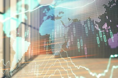 Boş oda iç arka plan üzerinde dünya haritası ile mali grafik çift pozlama. Uluslararası pazar konsepti.