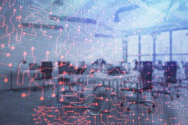 Arka planda ofis iç çizim teknoloji teması. Çoklu pozlama. Yenilik kavramı