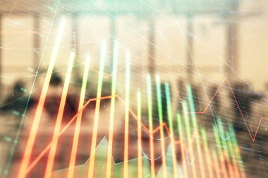 Arka planda ticaret masası banka Ofisi İç ile stok ve tahvil piyasa grafiği. Çok pozlama. Finansal analiz konsepti