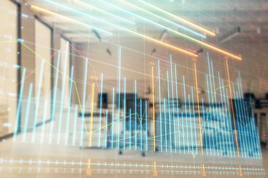 Arka planda ticaret masası banka Ofisi İç ile stok ve tahvil piyasa grafiği. Çok pozlama. Finansal analiz konsepti