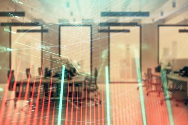 Ticaret masası banka ofisi iç arka planda stok piyasa şeması. Çift pozlama. Finansal analiz konsepti