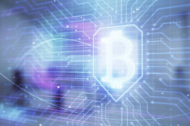 Ofis iç arka plan ile cryptocurrency Tema çizim. Çift pozlama. Blockchain kavramı.