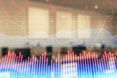 Ticaret masası banka ofisi iç arka planda stok piyasa şeması. Çift pozlama. Finansal analiz konsepti