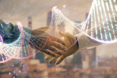 El sıkışması ile şehir görünümü arka planda DNA çizim hologram Multi pozlama. Eğitim konsepti