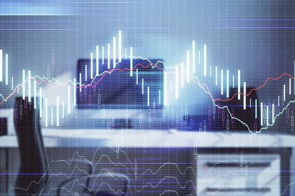 Börsdiagram och stationär kontors dator bakgrund. Multiexponering. Begreppet finansiell analys. — Stockfoto