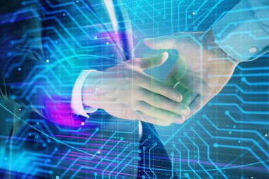 İki erkek el sıkışma ile soyut arka plan üzerinde bitcoin işareti çoklu pozlama. Kripto para birimi kavramı