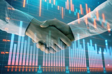 İki işadamı el sıkışması ile soyut arka planda Forex grafik Multi pozlama. Hisse senedi piyasasında başarı kavramı