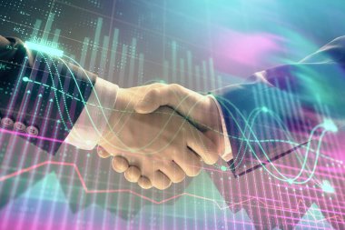 İki işadamı el sıkışması ile soyut arka planda Forex grafik Multi pozlama. Hisse senedi piyasasında başarı kavramı