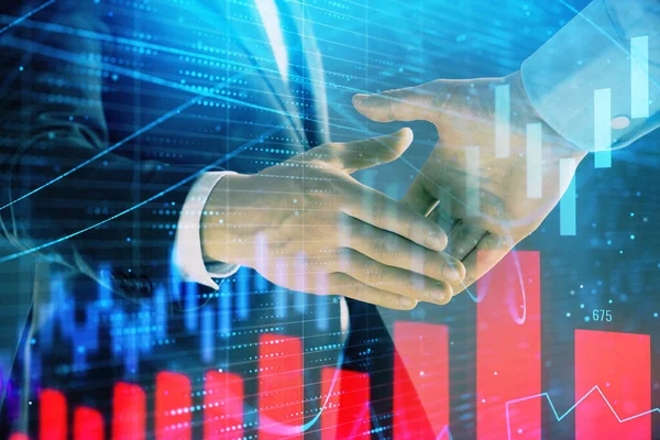 Multi-Belichtung von Forex-Graphen auf abstraktem Hintergrund mit zwei Geschäftsleuten Handschlag. Erfolgskonzept an der Börse — Stockfoto