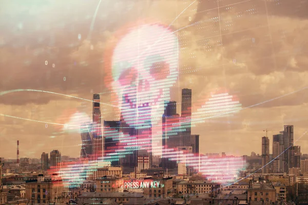 Double exposition de hologramme de dessin de thème de piratage sur fond de paysage urbain. Concept de cyberpiratage des données — Photo